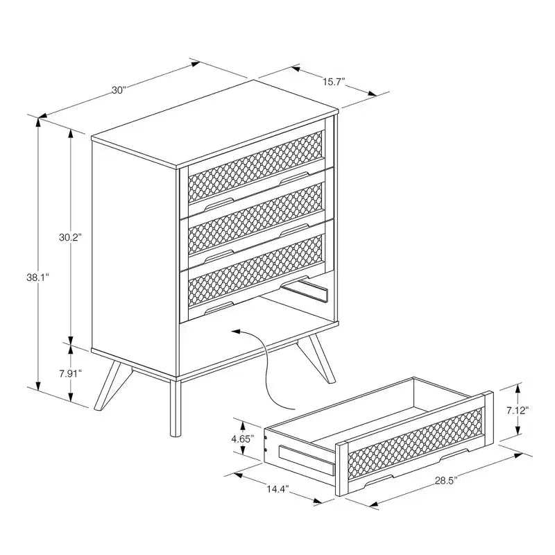 Commode Barrett en bois et rotin synthétique : 4 tiroirs de rangement pour chambre à coucher - Baxton Studio