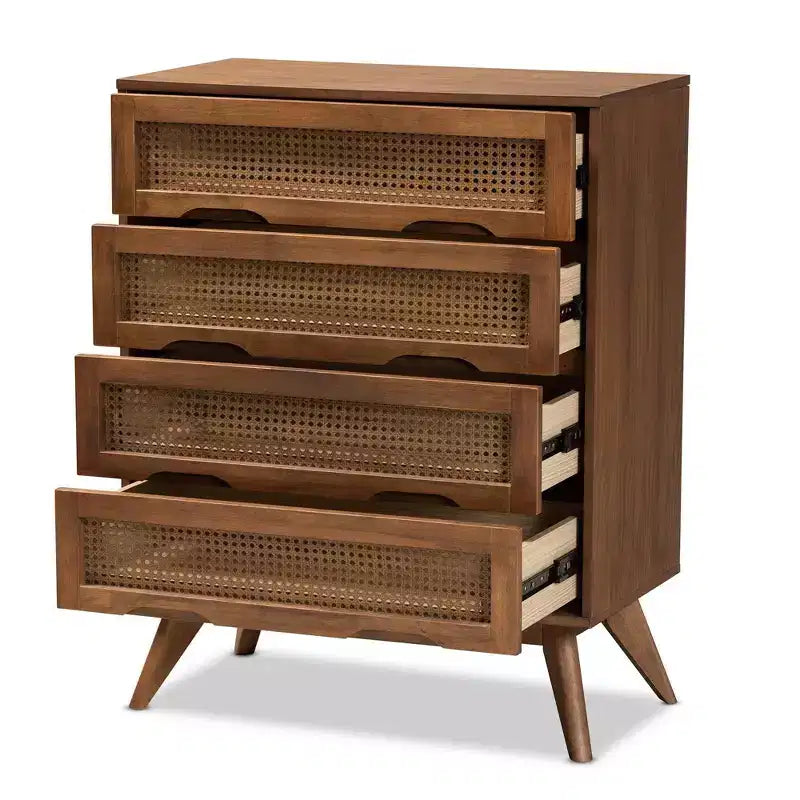 Commode Barrett en bois et rotin synthétique : 4 tiroirs de rangement pour chambre à coucher - Baxton Studio