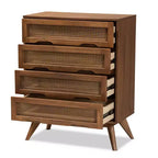 Commode Barrett en bois et rotin synthétique : 4 tiroirs de rangement pour chambre à coucher - Baxton Studio