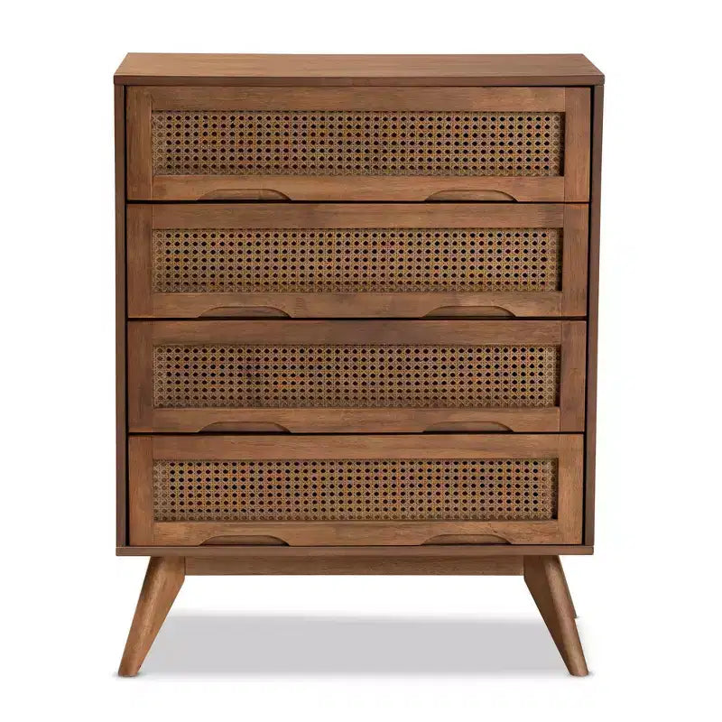 Commode Barrett en bois et rotin synthétique : 4 tiroirs de rangement pour chambre à coucher - Baxton Studio