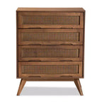 Commode Barrett en bois et rotin synthétique : 4 tiroirs de rangement pour chambre à coucher - Baxton Studio