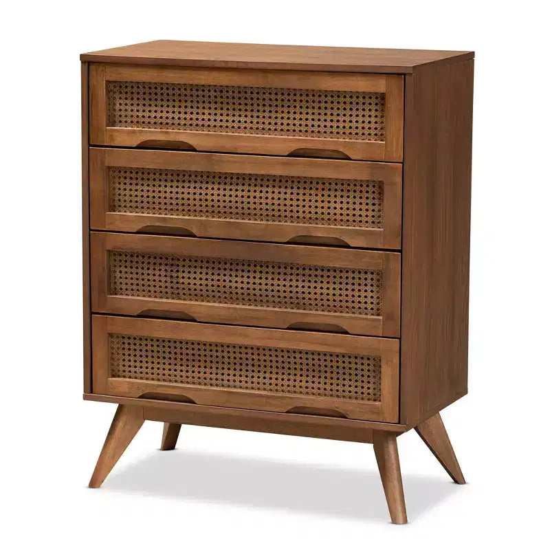 Commode Barrett en bois et rotin synthétique : 4 tiroirs de rangement pour chambre à coucher - Baxton Studio