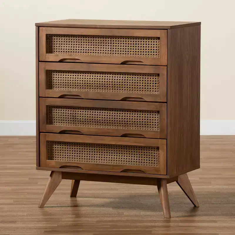 Commode Barrett en bois et rotin synthétique : 4 tiroirs de rangement pour chambre à coucher - Baxton Studio