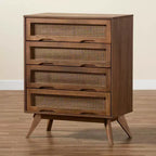 Commode Barrett en bois et rotin synthétique : 4 tiroirs de rangement pour chambre à coucher - Baxton Studio