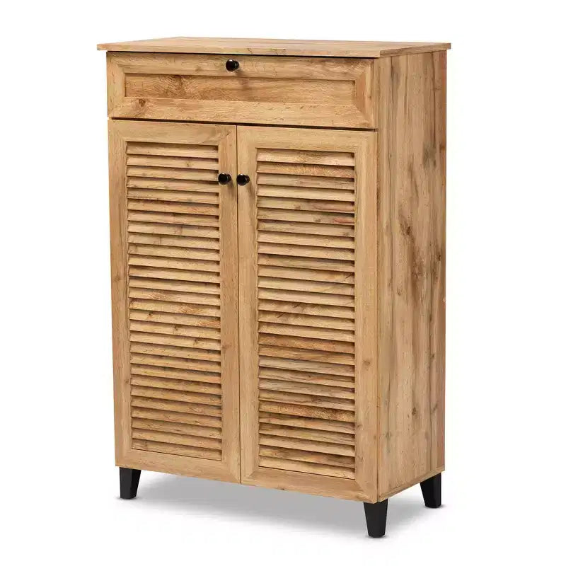 Coolidge Wood 5 Shelf Storage Cabinet Oak Brown - Baxton Studio: Slatted Doors, Tapered Legs, 15 Pair Shoe Organizer