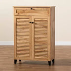 Meuble de rangement 5 étagères Coolidge Wood Chêne Marron - Baxton Studio : Portes à lattes, Pieds fuselés, Organisateur de chaussures 15 paires