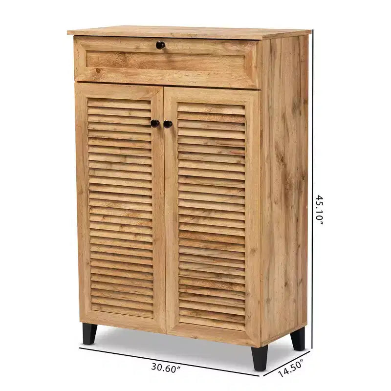 Meuble de rangement 5 étagères Coolidge Wood Chêne Marron - Baxton Studio : Portes à lattes, Pieds fuselés, Organisateur de chaussures 15 paires