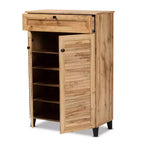 Meuble de rangement 5 étagères Coolidge Wood Chêne Marron - Baxton Studio : Portes à lattes, Pieds fuselés, Organisateur de chaussures 15 paires