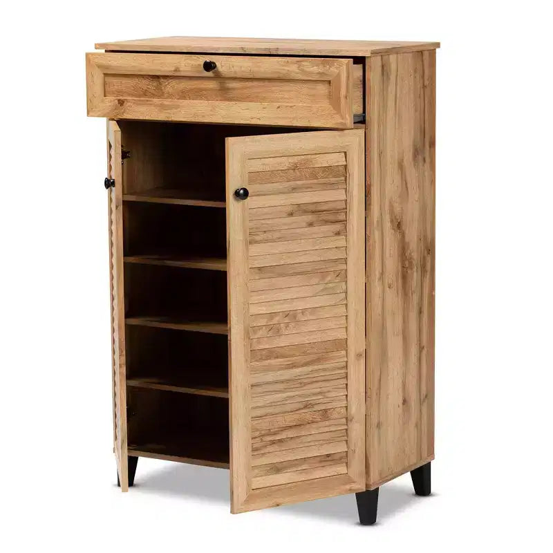 Meuble de rangement 5 étagères Coolidge Wood Chêne Marron - Baxton Studio : Portes à lattes, Pieds fuselés, Organisateur de chaussures 15 paires
