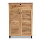 Meuble de rangement 5 étagères Coolidge Wood Chêne Marron - Baxton Studio : Portes à lattes, Pieds fuselés, Organisateur de chaussures 15 paires