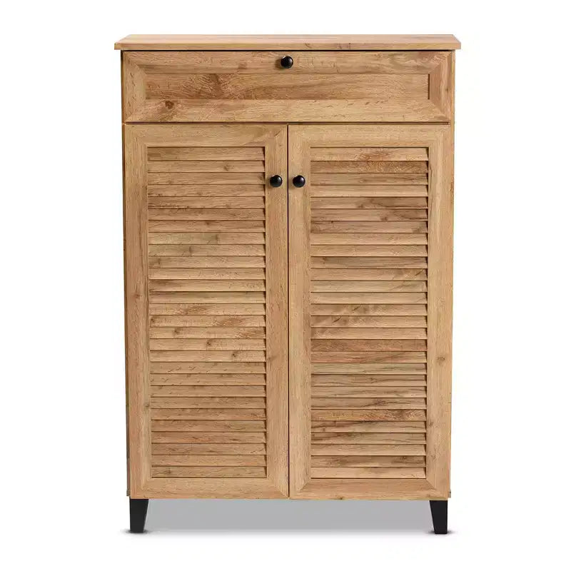 Meuble de rangement 5 étagères Coolidge Wood Chêne Marron - Baxton Studio : Portes à lattes, Pieds fuselés, Organisateur de chaussures 15 paires
