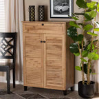 Meuble de rangement 5 étagères Coolidge Wood Chêne Marron - Baxton Studio : Portes à lattes, Pieds fuselés, Organisateur de chaussures 15 paires