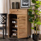 Meuble de rangement 5 étagères Coolidge Wood Chêne Marron - Baxton Studio : Portes à lattes, Pieds fuselés, Organisateur de chaussures 15 paires