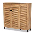 Coolidge Wood 3 Door Storage Cabinet with Drawer Oak Brown - Baxton Studio: 21-Pair Shoe Organizer, Tapered Legs