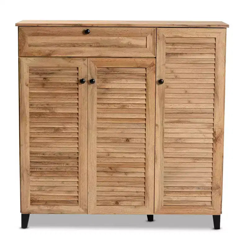 Armoire de rangement à 3 portes et tiroir Coolidge Wood Chêne Marron – Baxton Studio : Organiseur de chaussures 21 paires, Pieds fuselés