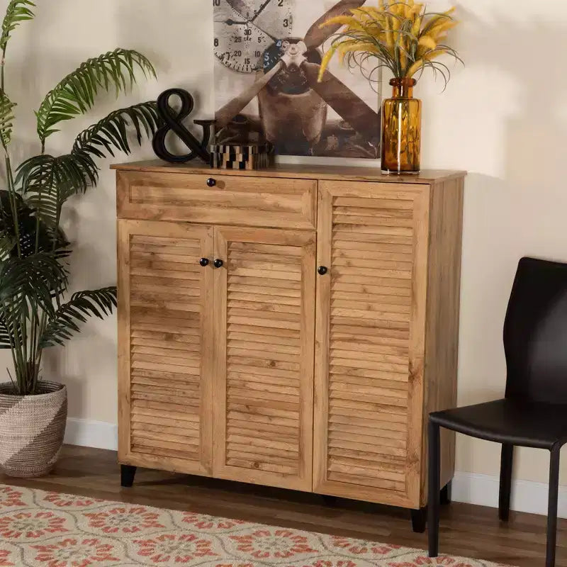 Armoire de rangement à 3 portes et tiroir Coolidge Wood Chêne Marron – Baxton Studio : Organiseur de chaussures 21 paires, Pieds fuselés