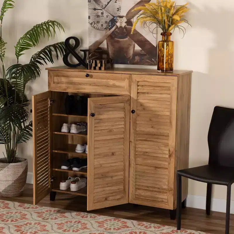 Armoire de rangement à 3 portes et tiroir Coolidge Wood Chêne Marron – Baxton Studio : Organiseur de chaussures 21 paires, Pieds fuselés