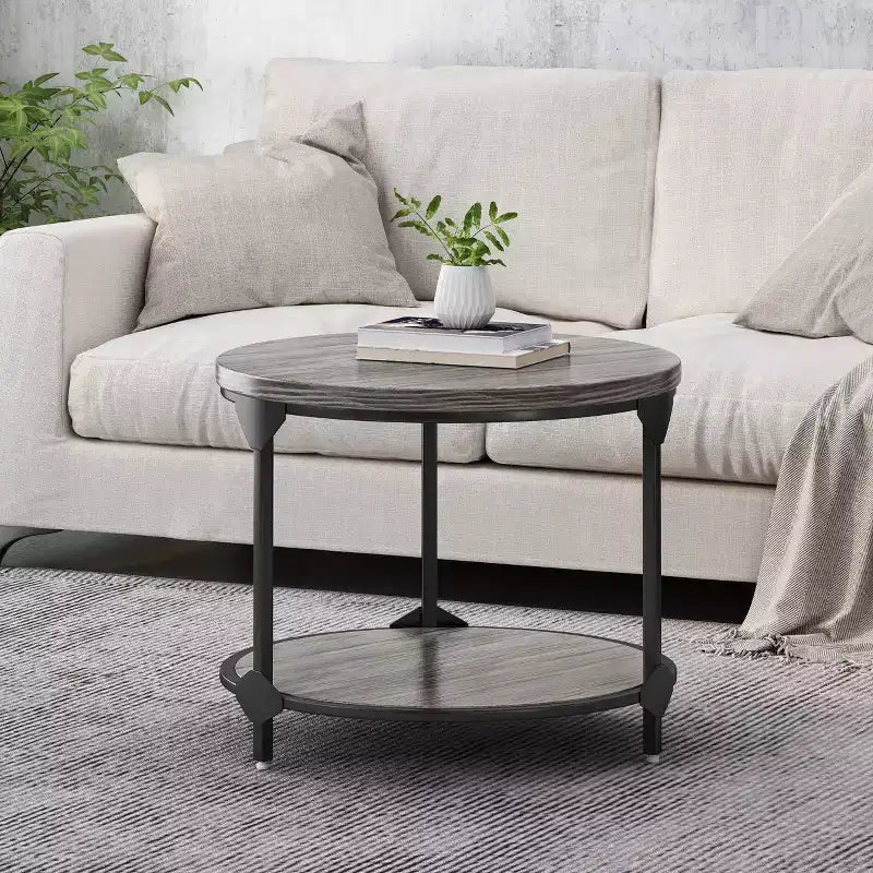 Table basse ronde industrielle moderne Cedarhurst Gris/Noir - Christopher Knight Home : Cadre en fer robuste, Étagère ouverte