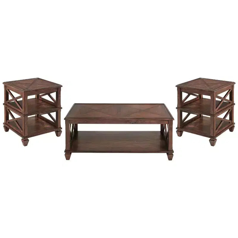 3pc Bridgton Wood Living Room Set with Coffee Table and 2 Shelf End Tables Cherry - Alaterre Furniture: Mid-Century Modern Design