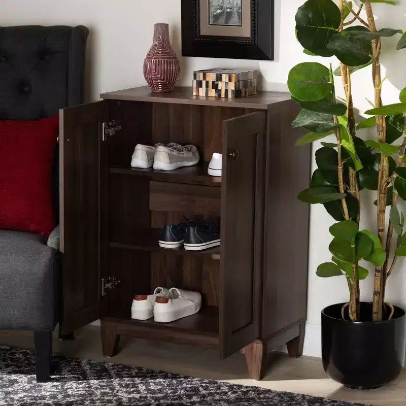 Meuble de rangement pour chaussures en bois Nissa à 2 portes, couleur Noyer brun - Baxton Studio : Organisateur d'entrée, peut contenir 20 paires