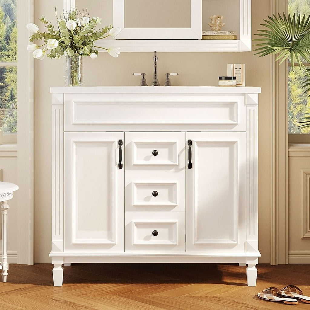 Meuble-lavabo de salle de bain moderne de 91 cm avec lavabo et armoire de toilette, 2 portes et 2 tiroirs