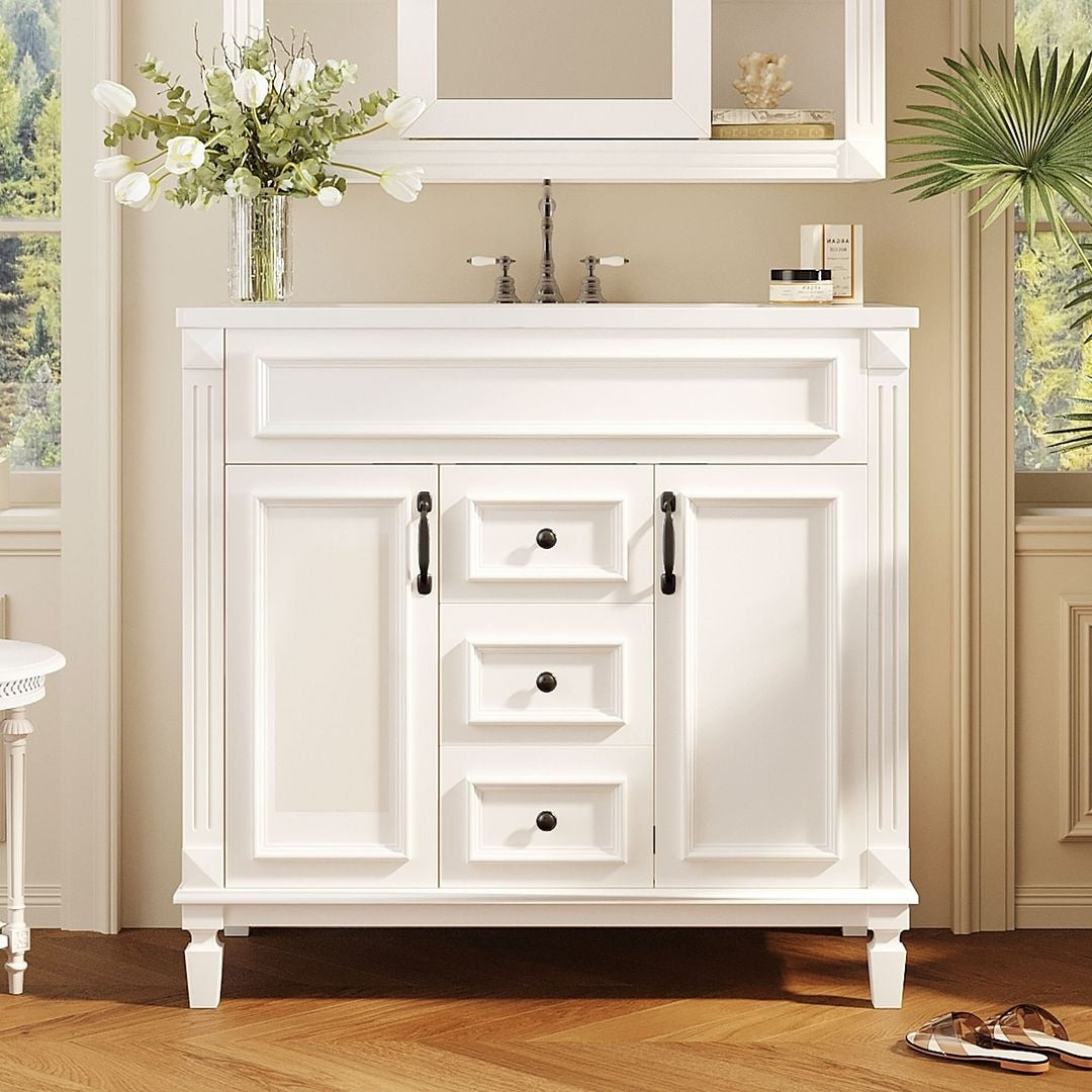 Meuble-lavabo de salle de bain moderne de 91 cm avec lavabo et armoire de toilette, 2 portes et 2 tiroirs