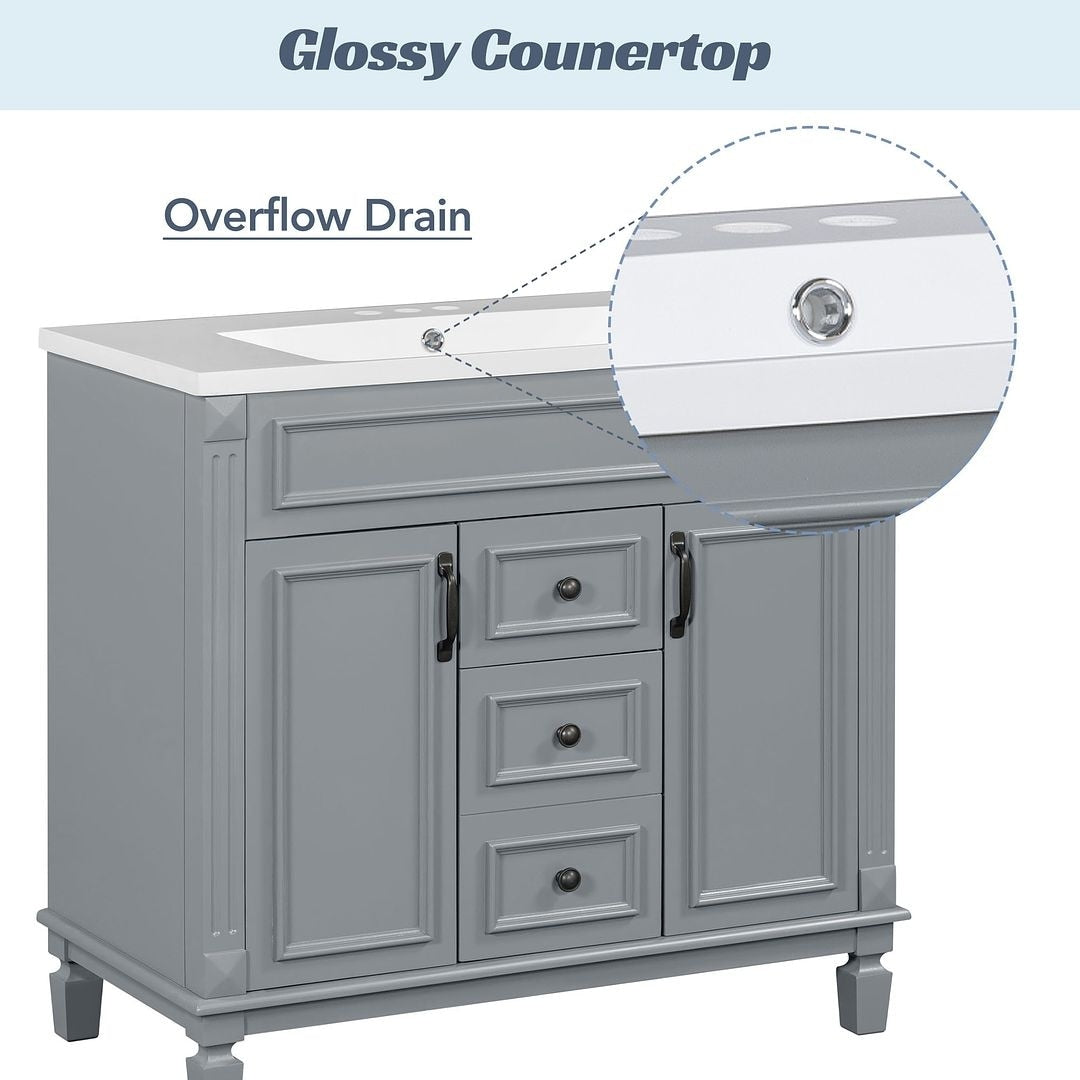 Meuble-lavabo de salle de bain moderne de 91 cm avec lavabo et armoire de toilette, 2 portes et 2 tiroirs