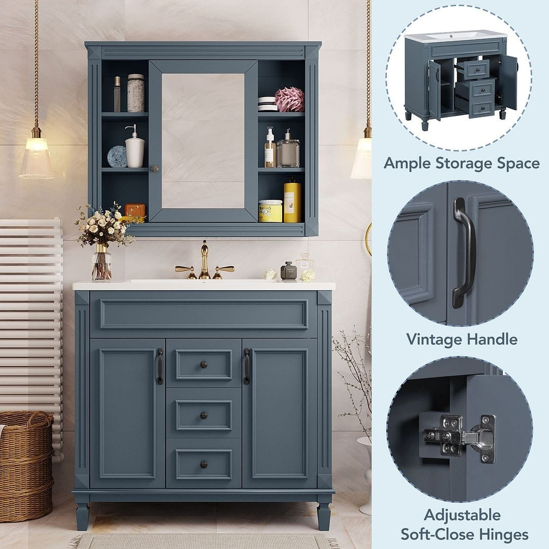 Meuble-lavabo de salle de bain moderne de 91 cm avec lavabo et armoire de toilette, 2 portes et 2 tiroirs