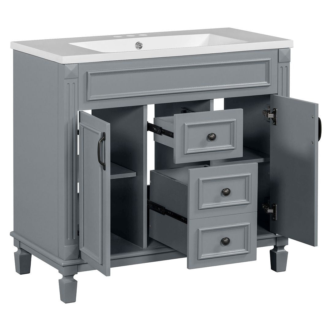 Meuble-lavabo de salle de bain moderne de 91 cm avec lavabo et armoire de toilette, 2 portes et 2 tiroirs