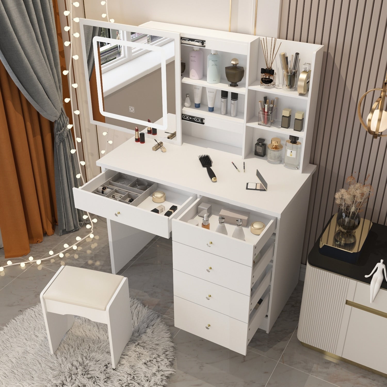 Coiffeuse de 99 cm de large avec tabouret et miroir