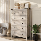 Commode en bois de style campagnard, 5 tiroirs, 122 cm de hauteur, pour chambre à coucher