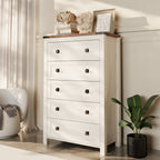 Commode en bois de style campagnard, 5 tiroirs, 122 cm de hauteur, pour chambre à coucher