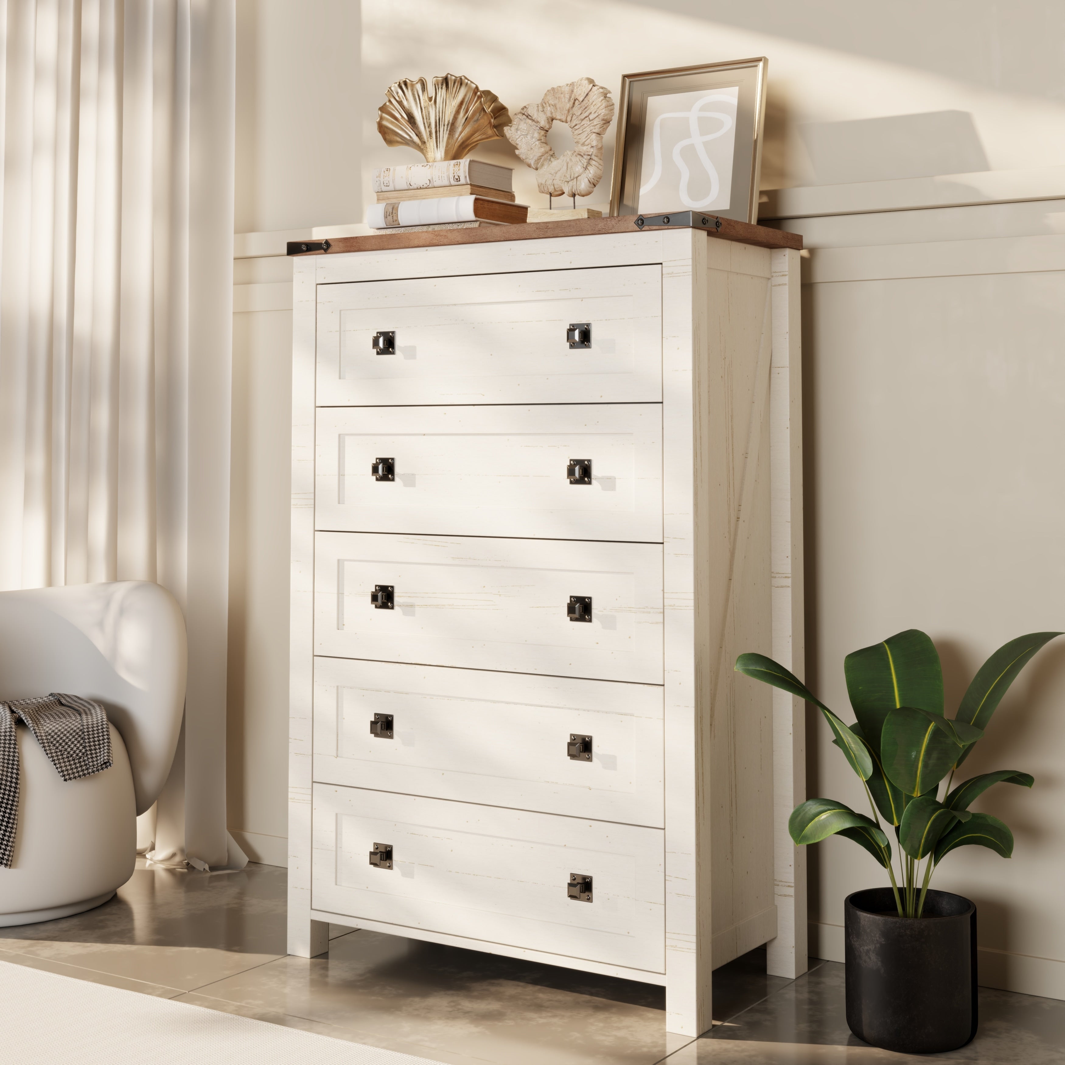 Commode en bois de style campagnard, 5 tiroirs, 122 cm de hauteur, pour chambre à coucher
