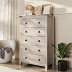 Commode en bois de style campagnard, 5 tiroirs, 122 cm de hauteur, pour chambre à coucher