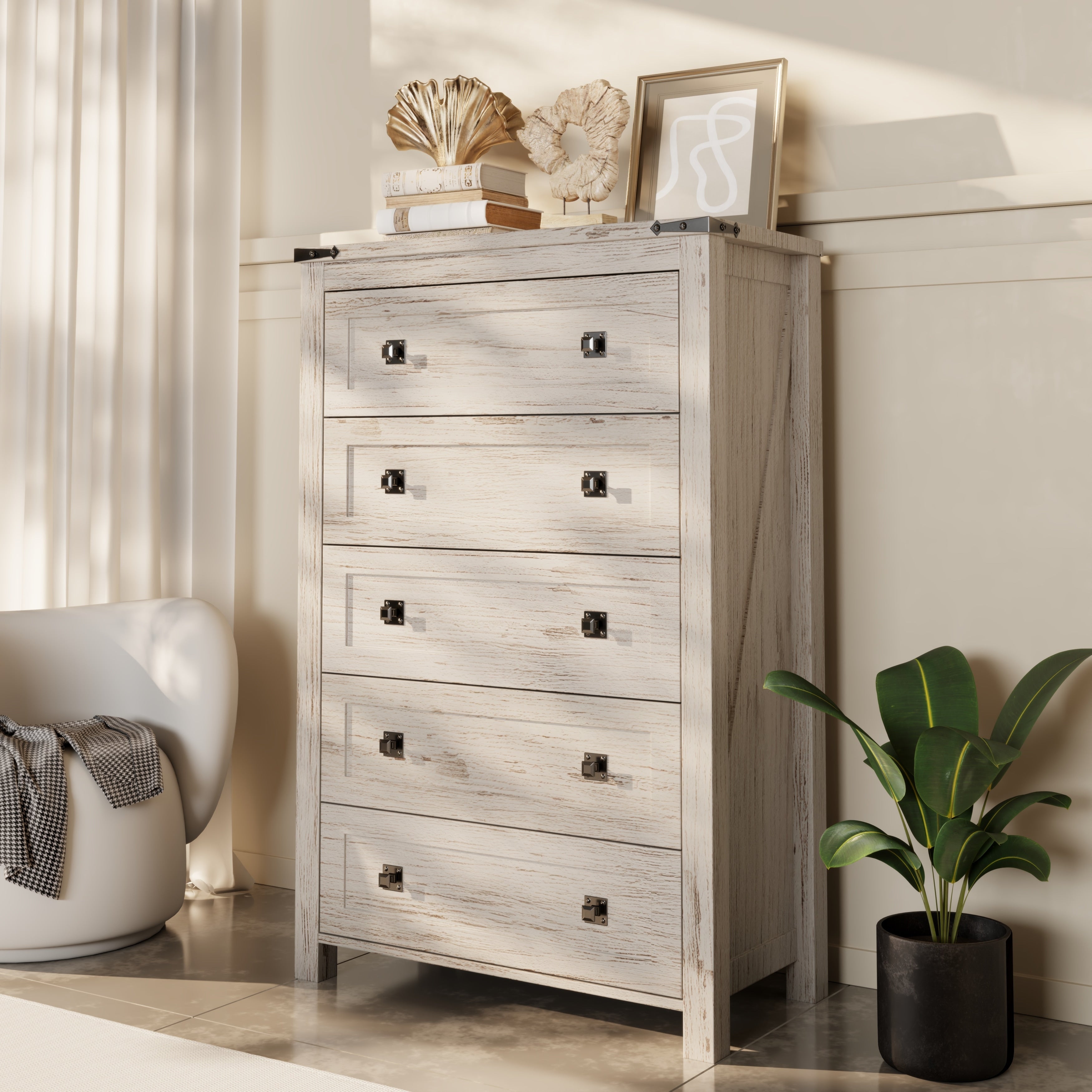 Commode en bois de style campagnard, 5 tiroirs, 122 cm de hauteur, pour chambre à coucher