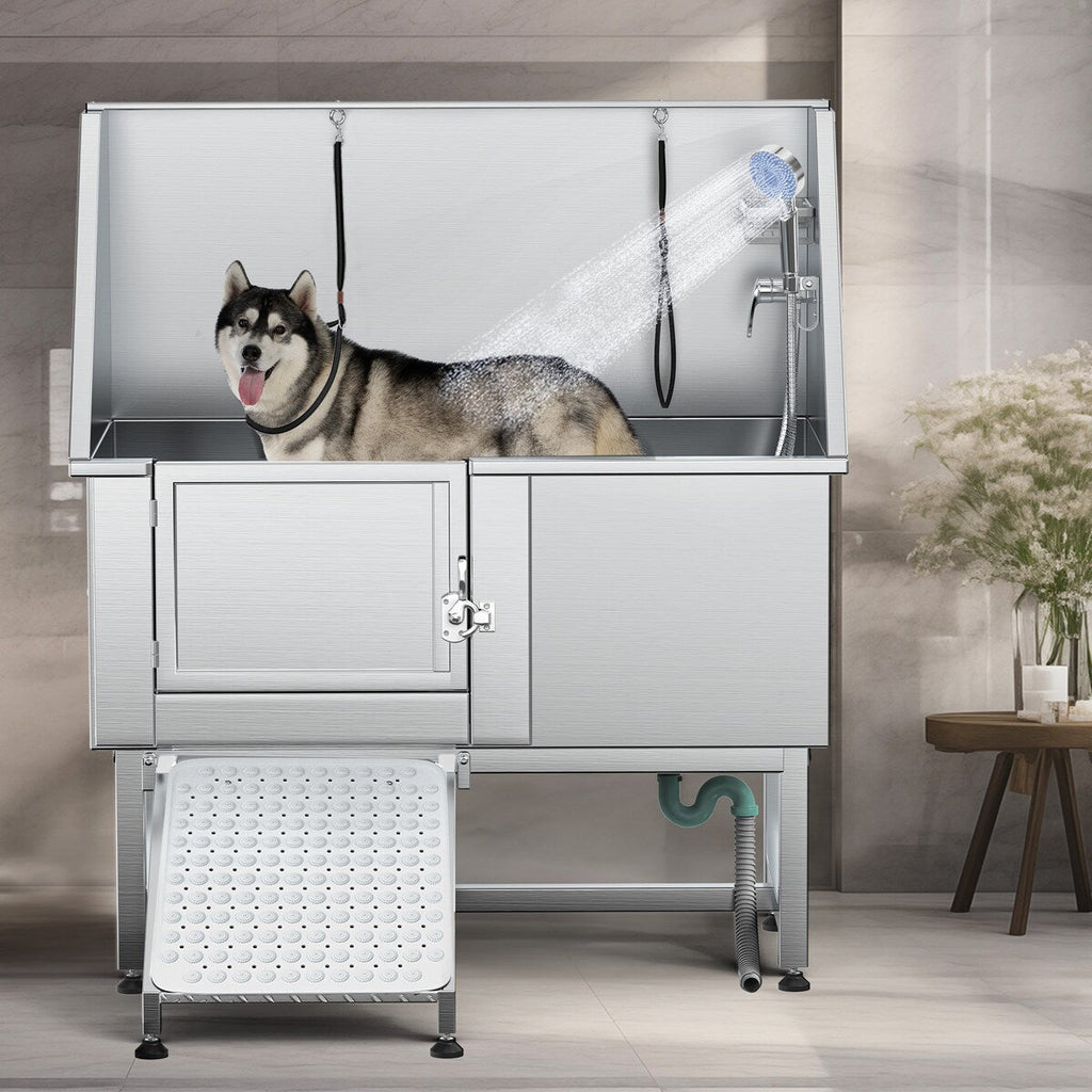 Baignoire de toilettage pour animaux de compagnie de 50 pouces de largeur en acier inoxydable avec rampe d'accès
