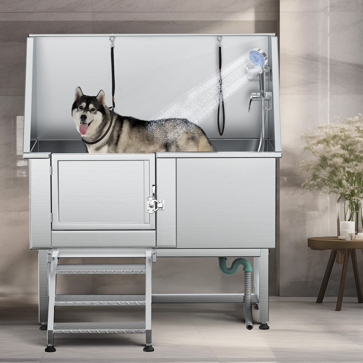 Baignoire de toilettage pour animaux de compagnie de 50 pouces de largeur en acier inoxydable avec rampe d'accès