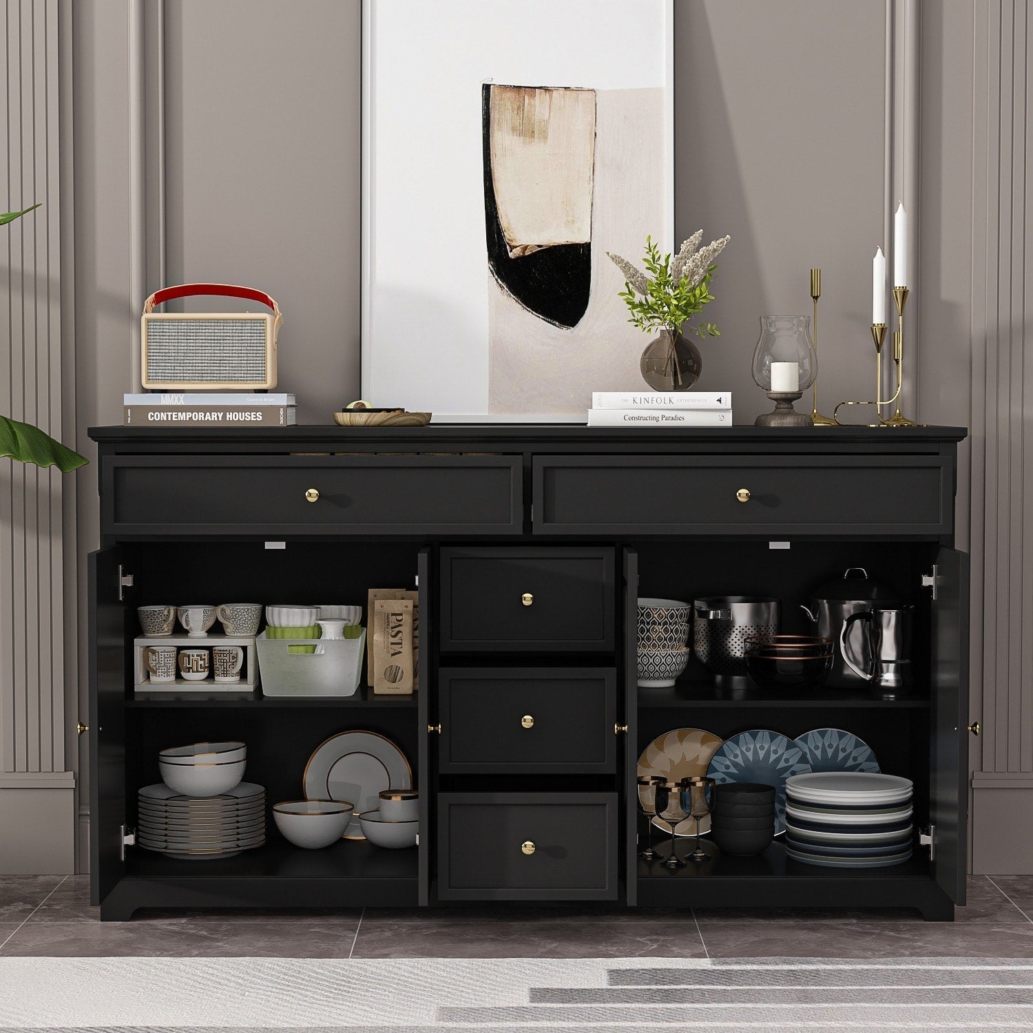 Buffet bahut 150 cm blanc laqué moderne contemporain du milieu du siècle