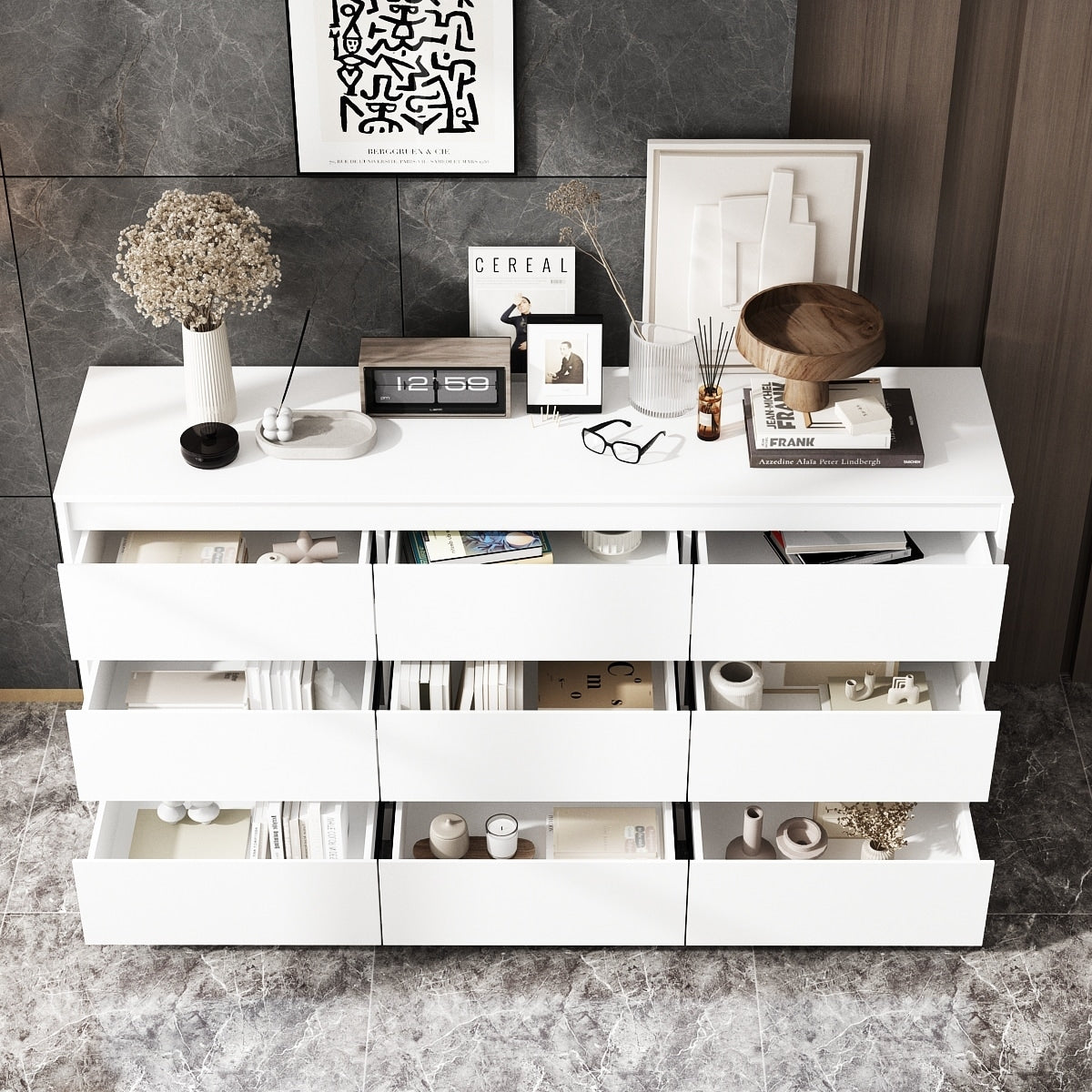 Commode à 9 tiroirs de 63 W, commode d'appoint pour salon, chambre à coucher