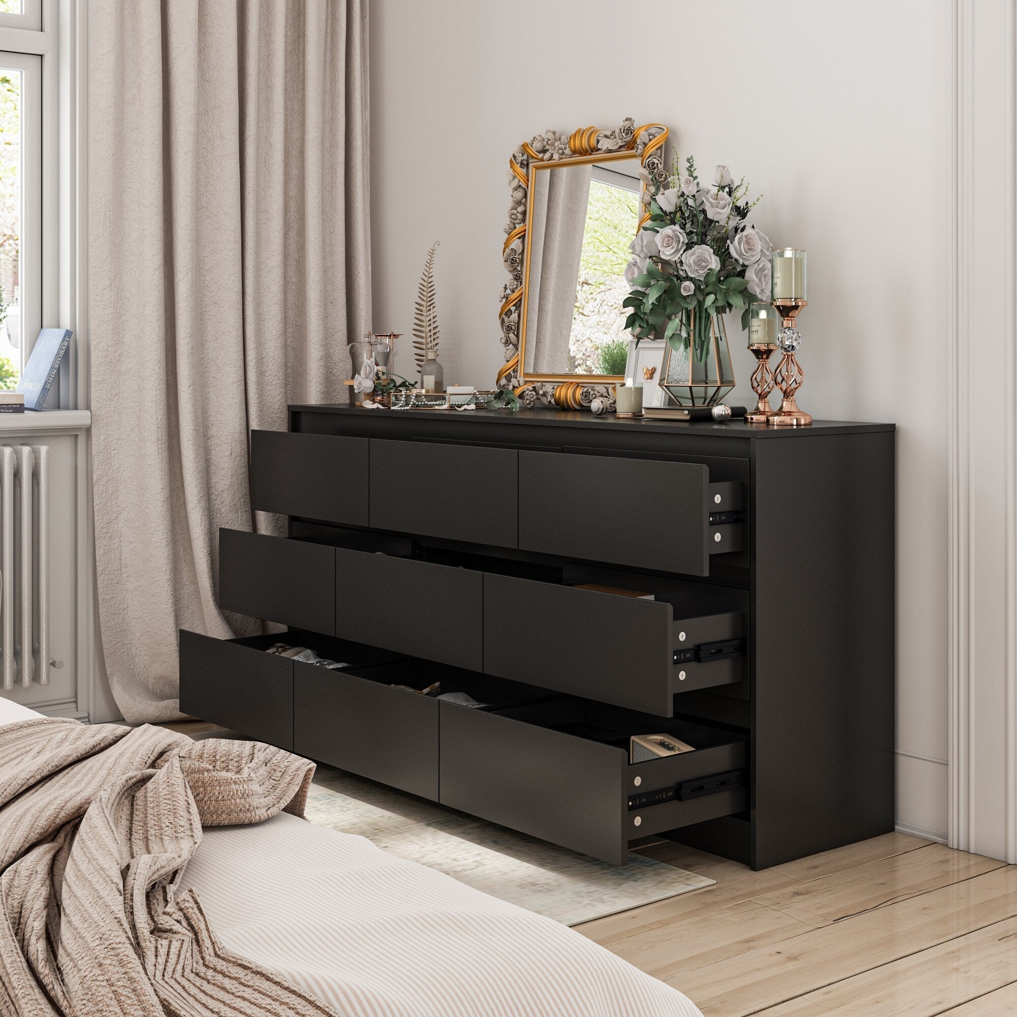 Commode à 9 tiroirs de 63 W, commode d'appoint pour salon, chambre à coucher