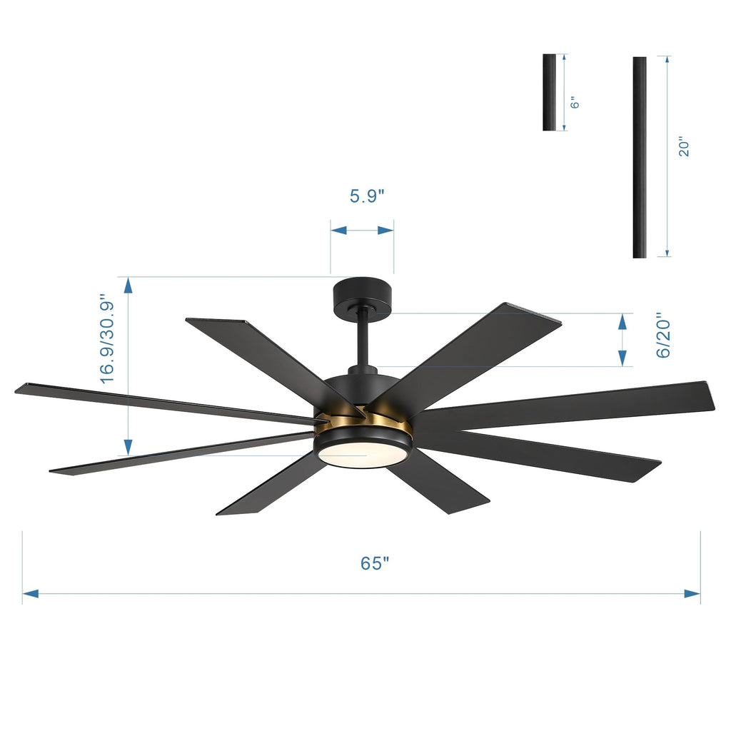 Ventilateur de plafond de 65 pouces à 8 pales noires avec lumière LED et télécommande