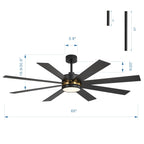 Ventilateur de plafond de 65 pouces à 8 pales noires avec lumière LED et télécommande