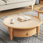 Table basse à tiroirs en bois et verre, marron, ronde et moderne