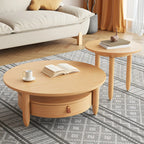 Table basse à tiroirs en bois et verre, marron, ronde et moderne