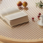 Table basse à tiroirs en bois et verre, marron, ronde et moderne