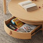 Table basse à tiroirs en bois et verre, marron, ronde et moderne