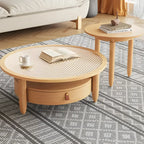 Table basse à tiroirs en bois et verre, marron, ronde et moderne