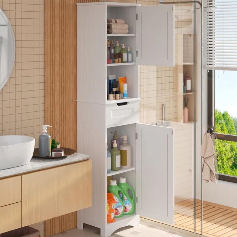 Meuble de rangement haut de salle de bain étroit de 170 cm, armoire autoportante en bois massif à 5 niveaux
