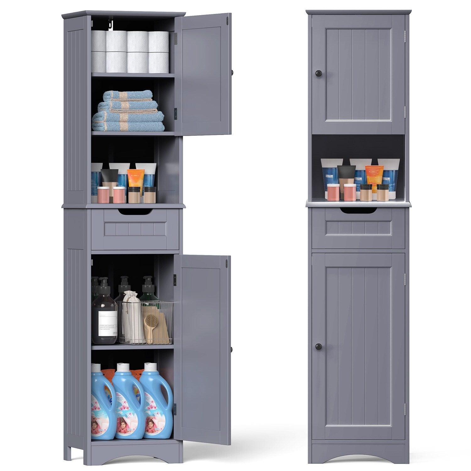 Meuble de rangement haut de salle de bain étroit de 170 cm, armoire autoportante en bois massif à 5 niveaux