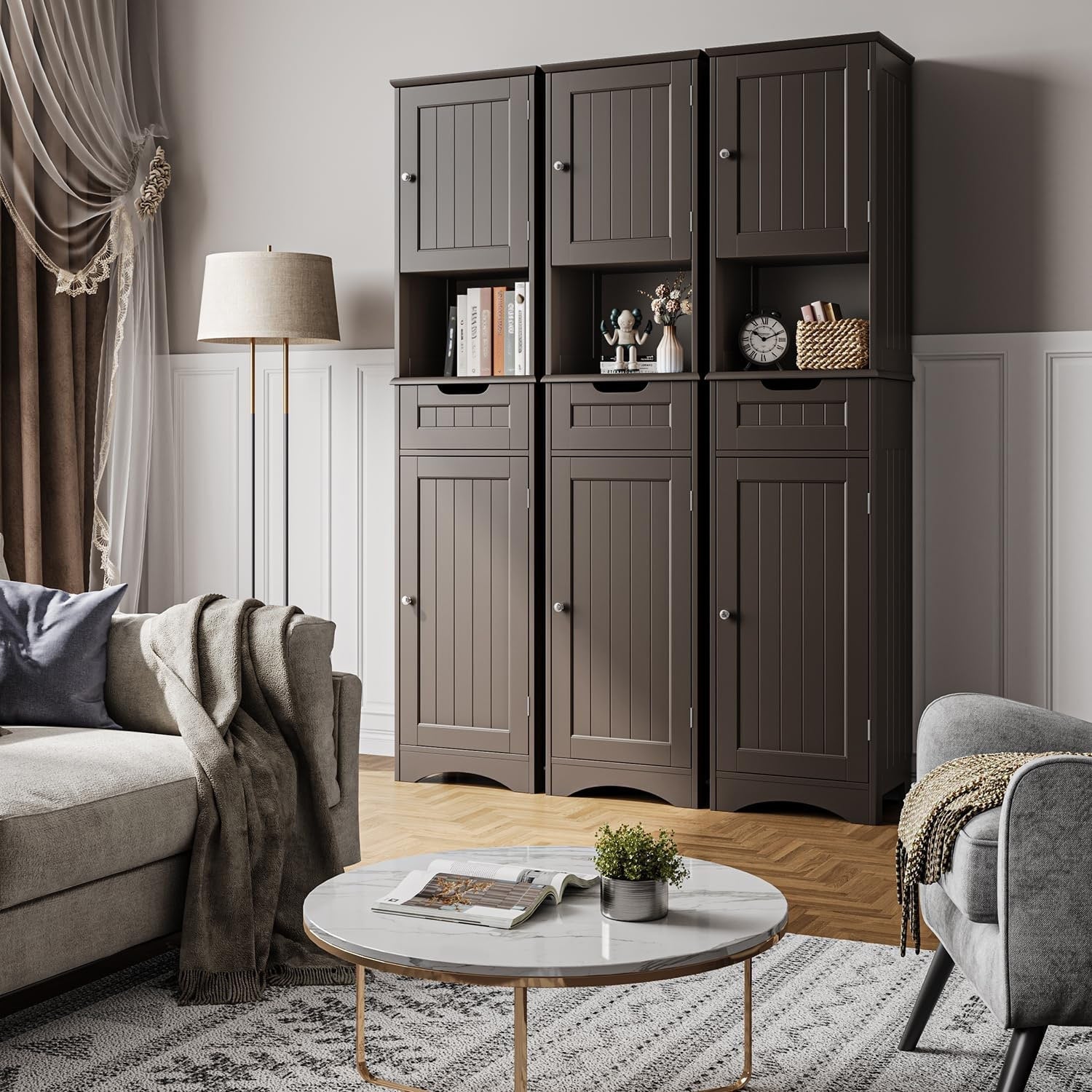 Meuble de rangement haut de salle de bain étroit de 170 cm, armoire autoportante en bois massif à 5 niveaux